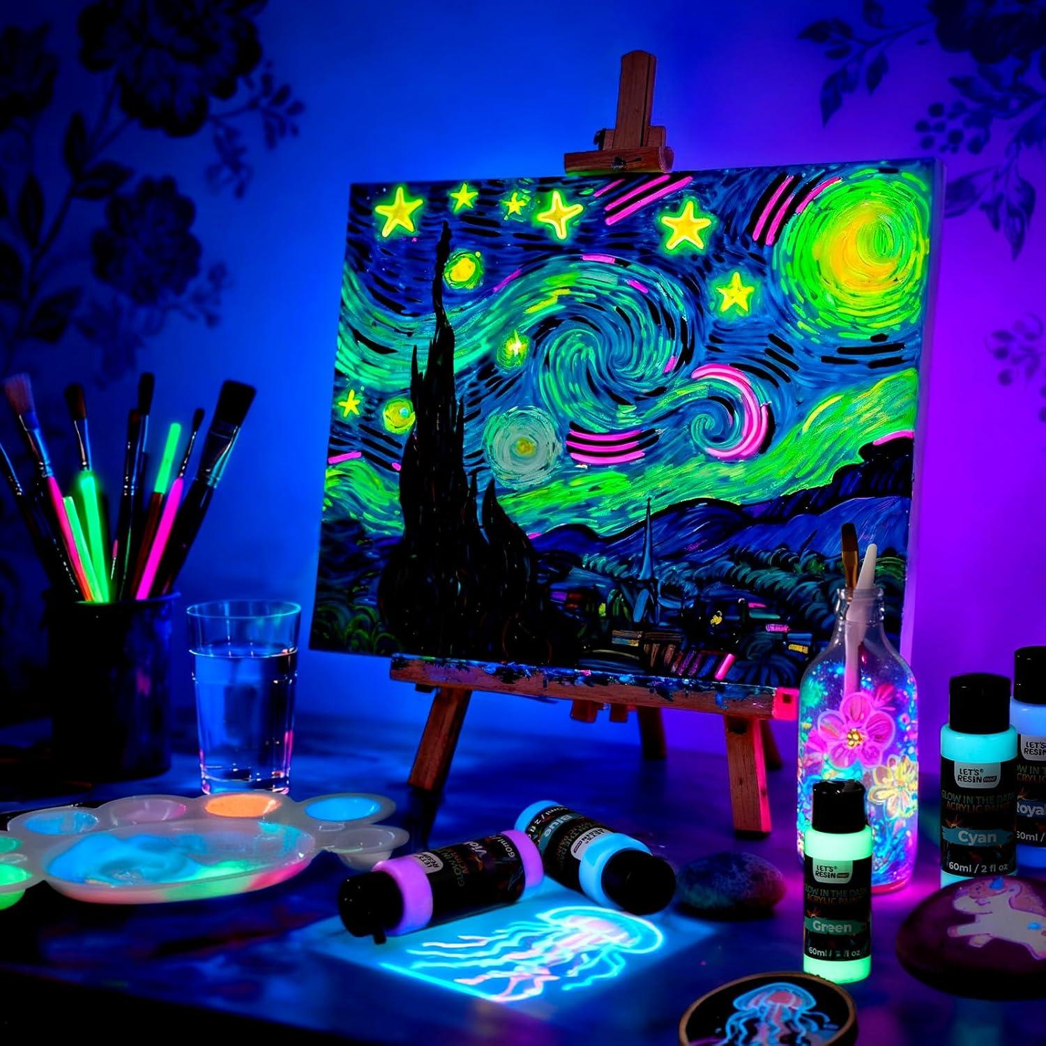 image:imageLETS RESIN Glow in the Dark Acrylic Paint14 Bright Colors Each 60ml2oz Blacklight Paint SetNeon Paint with BrushesKnivesPalette UV Fluorescent Craft Paint for PaintingEasterHalloween Party Decor