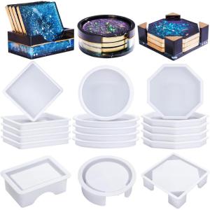LET’S RESIN 18 Pcs Coaster Resin Molds Silicone, Coaster Molds with Round Square Octagon Shape Holder Molds for Epoxy Resin, DIY Art Craft Cup Mats