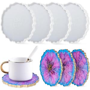LET’S RESIN 4Pcs Resin Coaster Molds, Druzy Geode Agate Silicone Coaster Molds for Epoxy Resin, 5Inches Large Mould for DIY Art Craft Cup Mats, Durable and Flexible Moulds(4 cavity)