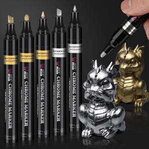 LET’S RESIN 6Pcs Mirror Chrome Markers,3 Sizes Shiny Chrome Paint Pen with Large Barrel, Quick Dry Oil-based Silver & Gold Markers for Metal, Resin,Model Painting,Marking,DIY Art & Jewelry Repair Kit(1 Count (Pack of 6))