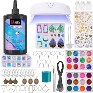LET’S RESIN All-Inclusive Keychain Making Kit, 12-Color UV Resin with Keychain Molds Silicone, UV Light, 6 Styles Flower and Heart Open Bezels for Resin, Jewelry Making Kit for Beginners, Craft Decor(250g Jewelry Making Kit)