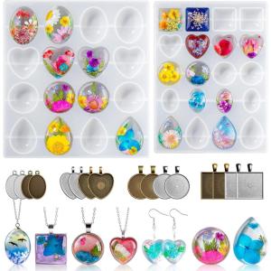 LET’S RESIN Cabochon Gems Resin Molds, 36 Cavities UV Resin Jewelry Making Kit with 16 PCS Metal Pendants Trays,Silicone Molds for Pendants,Earrings,Necklace