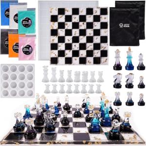 LET’S RESIN Chess Molds for Resin Casting, Upgraded Resin Chess Set Mold with 16 Piece 3D Full Size Chess Checkers & Chess Board Epoxy Silicone Resin Molds, DIY Chess Board Game, Christmas Gifts