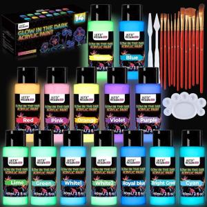 LET’S RESIN Glow in the Dark Acrylic Paint,14 Bright Colors Each 60ml/2oz Blacklight Paint Set,Neon Paint with Brushes,Knives,Palette, UV Fluorescent Craft Paint for Painting,Easter,Halloween Party Decor