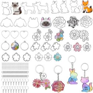 LET’S RESIN Keychain Molds 37Pcs, Silver UV Resin Molds for Beginners, Open Bezel Flower & Animal Molds for Keychain, Jewelry & Pendant Making