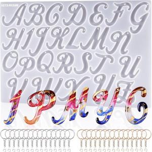 LET’S RESIN Large Alphabet Mold with Hole, Reversed Alphabet Letter Resin Molds Silicone with 30 Jump Rings, 30 Key Rings, Epoxy Molds for Keychain Making(15.3″X8.9″)(Fancy Letter with Hole)