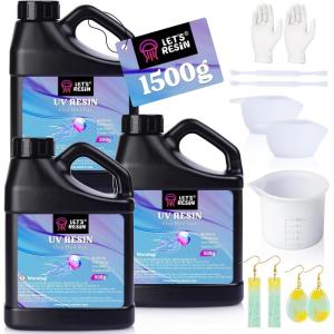 LET’S RESIN UV Resin, 300g Low Viscosity Crystal Clear Thin Resin Kit, Quick-Curing & Low Shrinkage Ultraviolet Epoxy Resin for Crafts, Casting, Silicone Molds(1500g)