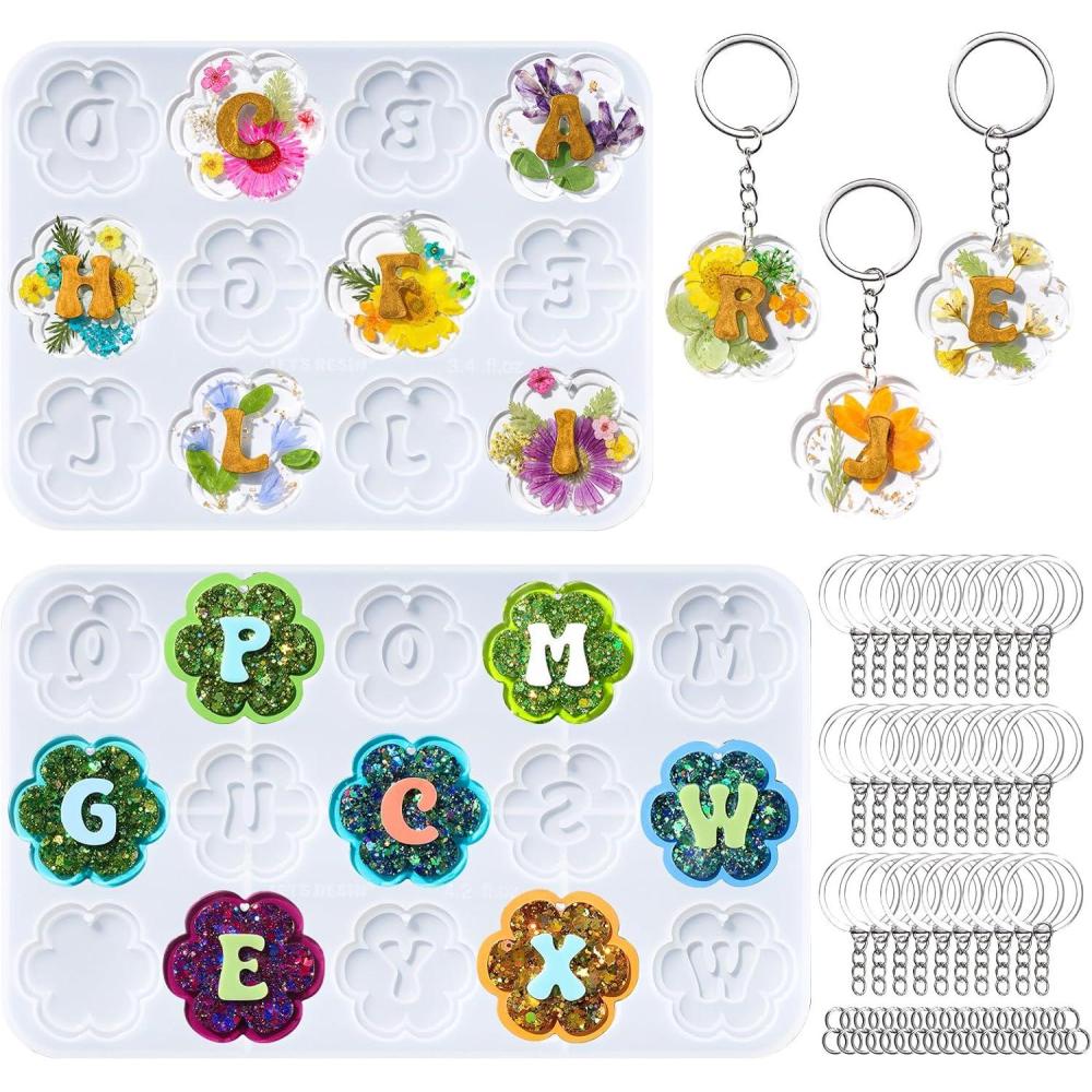 image:imageLETS RESIN Keychain Resin Molds Silicone with Hole 27 Cavities Flower Alphabet UV Resin Jewelry Pendant Molds kit for Beginner Letter Epoxy Resin Molds for Keychain Pendant Jewelry Making