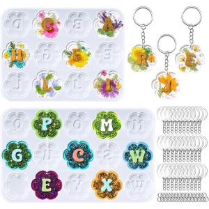 LET’S RESIN Keychain Resin Molds Silicone with Hole, 27 Cavities Flower Alphabet UV Resin Jewelry Pendant Molds kit for Beginner, Letter Epoxy Resin Molds for Keychain Pendant Jewelry Making