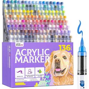 LET’S RESIN PAINT Acrylic Paint Markers Brush Tip 72 Colors,Automatic Ink Control Acrylic Paint Pens,No Bleed & Good Coverage Acrylic Markers for Adult Coloring,Rock Painting,Canvas,Wood,Gifts(136 Count (Pack of 1))