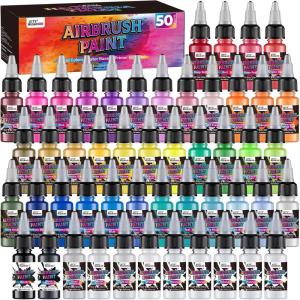 LET’S RESIN PAINT Airbrush Paint Set,42 colors with 3 Primers & 5 thinners,Water-Based Opaque & Neon & Iridescent Acrylic Paints Ready to Spray for Metal,Wood,Canvas