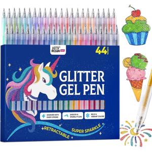 LET’S RESIN PAINT Jumbo Glitter Gel Pen Set,32 colors Metallic Shimmer Glitter Pens for Adult Coloring Books, Scrapbooking,Greeting Cards,DIY Crafts,Capped Sparkly Pens, Non-Toxic & Smooth(44 Colors Retractable Glitter Gel Ink Pens)