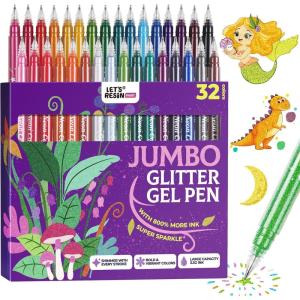 LET’S RESIN PAINT Jumbo Glitter Gel Pen Set,32 colors Metallic Shimmer Glitter Pens for Adult Coloring Books, Scrapbooking,Greeting Cards,DIY Crafts,Capped Sparkly Pens, Non-Toxic & Smooth(32 Colors Jumbo Glitter Gel Ink Pens)