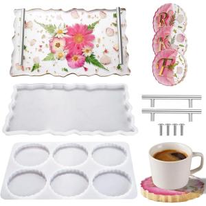 LET’S RESIN 6 Cavity Resin Coaster Molds and Tray Molds with Handle, Epoxy Resin Coaster Molds for Cups Mats, Coaster Silicone Molds for Flower Bouquet Preservation, DIY Art Craft and Home Decoration(tray and coaster molds)