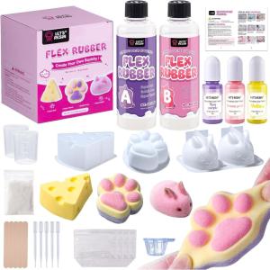 LET’S RESIN All-in-One Kit for Taba Squishy, 16oz Flex Rubber for Squishy Maker, with Larger Cat Paw & Cheese Silicone Molds, Color Paste, Flocking Powder, Ideal DIY Gift for Family, Stress Relief