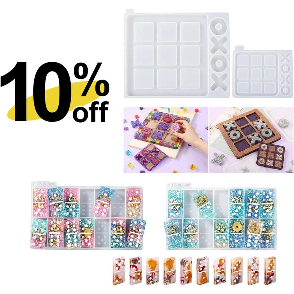 image:imageLETS RESIN Large Tic Tac Toe Resin Mold 2Pcs Double 6 Domino Epoxy Mold Standard Size Glossy Molds for Resin Casting Silicone Molds for Epoxy Resin