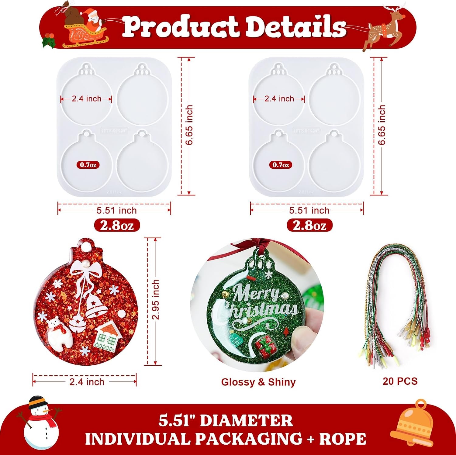 image:imageLETS RESIN Christmas Resin Molds Each 24 Inch Christmas Ornament Resin Molds Silicone with 20 Pcs Lanyards8 Round Cavities Silicone Molds for Christmas Tree Decor Xmas Gifts