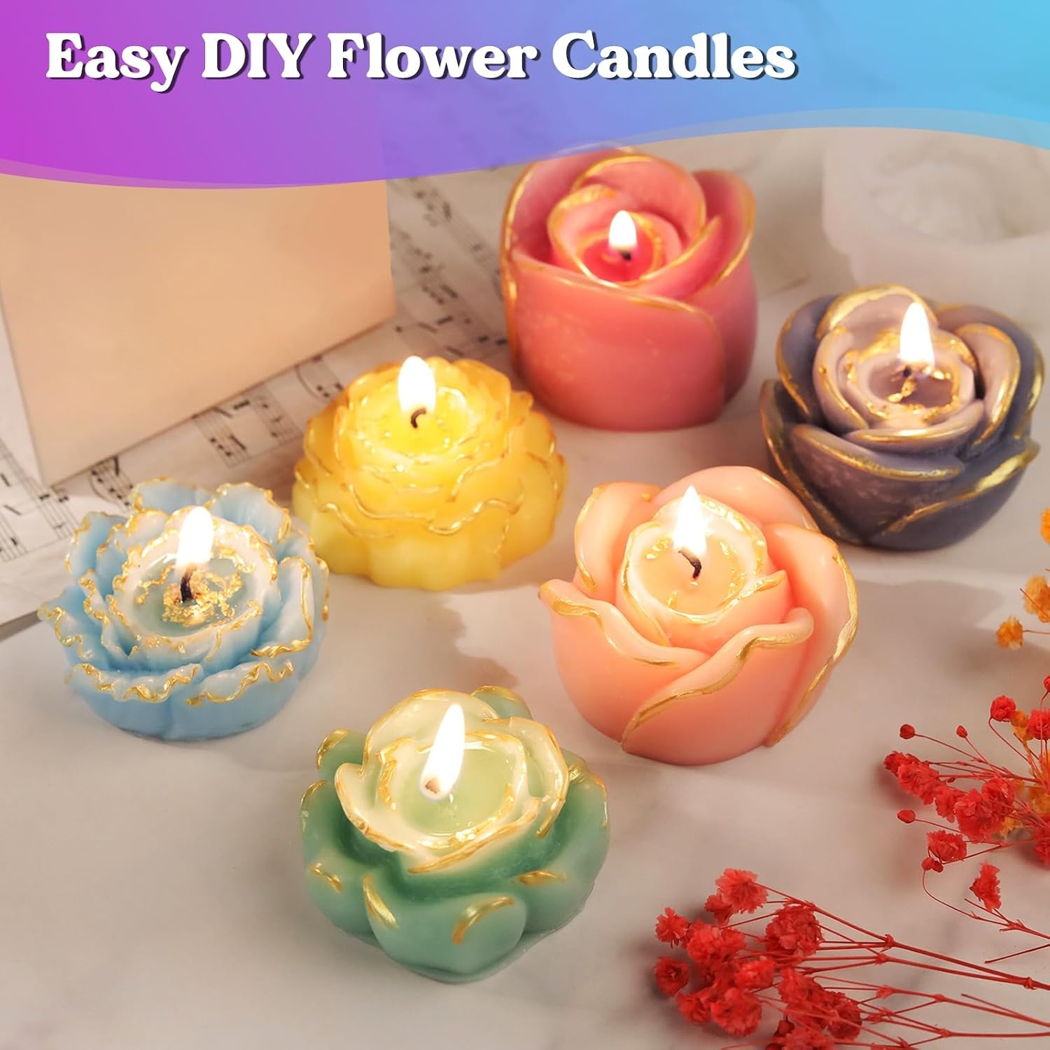 image:imageLETS RESIN Flower Resin Molds Rose Candle Making Molds Including 6 PCS Flower Silicone Resina Moldes Silicone Molds for Epoxy Resin CraftCandle Making