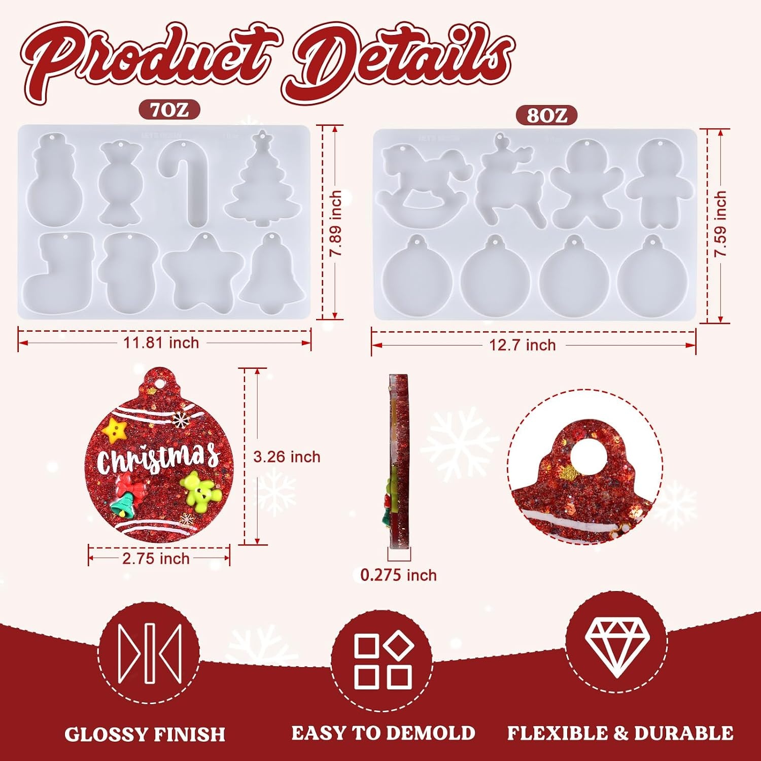 image:imageLETS Resin Upgraded Christmas Resin Molds Silicone 16 Cavities Large Resin Christmas Ornament Molds Each 3inch Glossy Silicone Molds for Resina Art CraftKeychainsTree Decorations